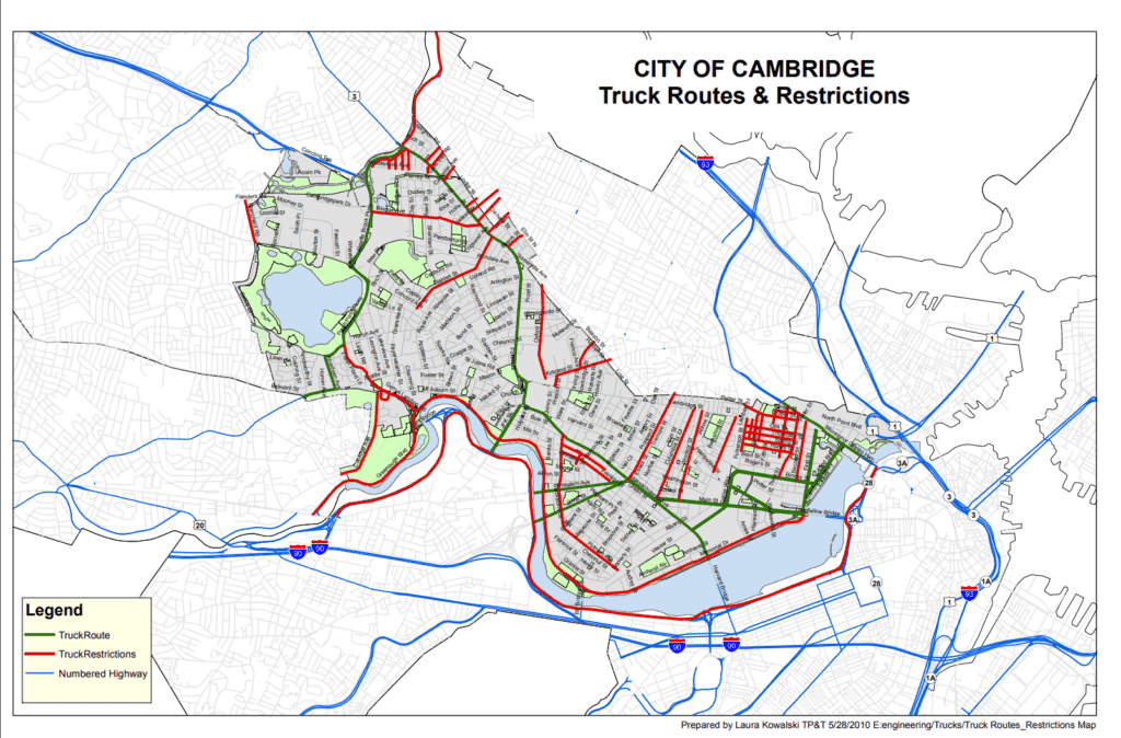 Allowed and disallowed routes for trucks in Boston