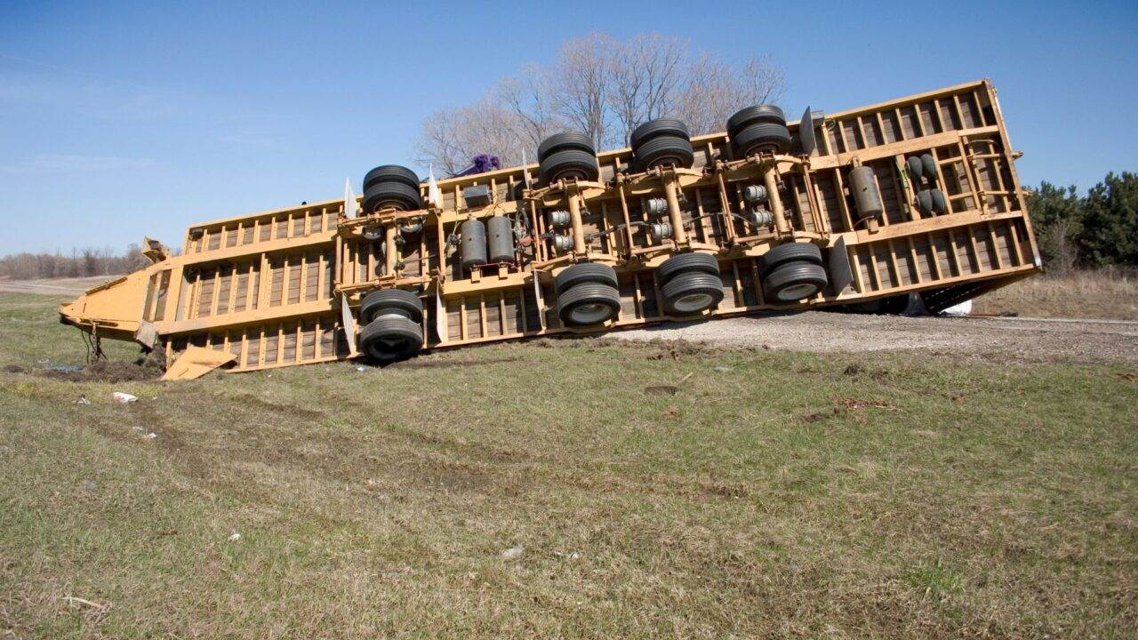 Tractor Trailer Truned On Its Side